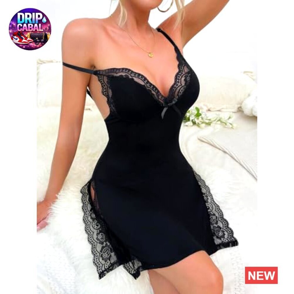 Floral Lace Trim Split Side Slip Nightgown Babydoll Lingerie Dress with Thong - Picture 5 of 7